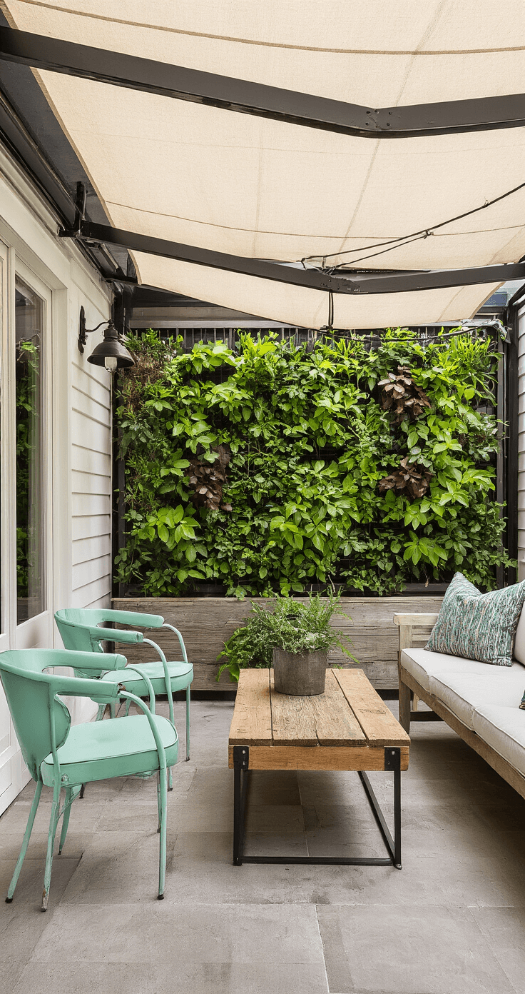Cozy townhouse patio with repurposed sailcloth awning, mint green vintage chairs, reclaimed wood coffee table, and vertical garden wall, captured at midday in bright, airy lighting.