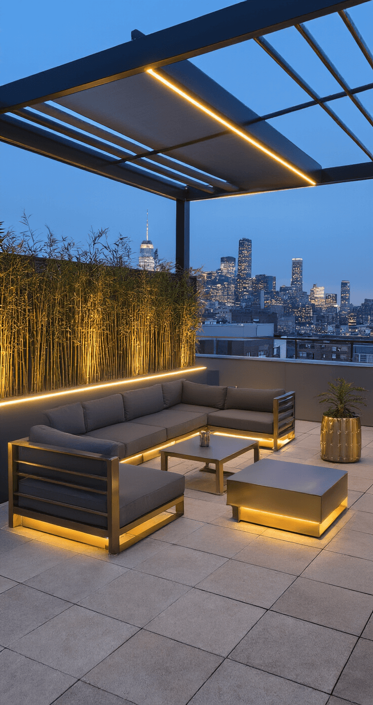 Contemporary rooftop patio at dusk with aluminum pergola, retractable shade, modular lounge furniture in charcoal and brass, integrated LED lighting, bamboo planters for privacy, and a city skyline backdrop.