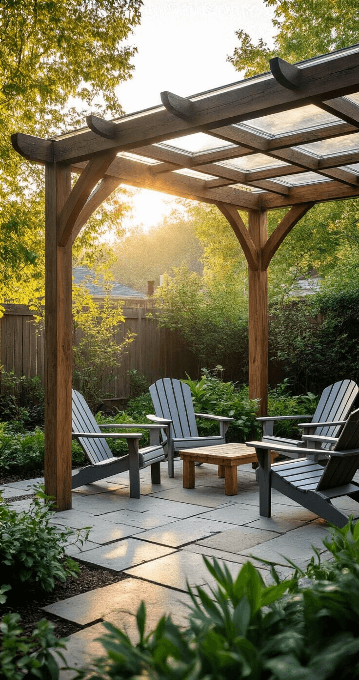 A scenic morning view of a rustic-modern garden patio featuring a DIY wooden beam structure with clear polycarbonate panels, Adirondack chairs in weathered gray, and lush cottage garden plantings, all illuminated by dappled golden hour light that highlights the joinery and hardware details.