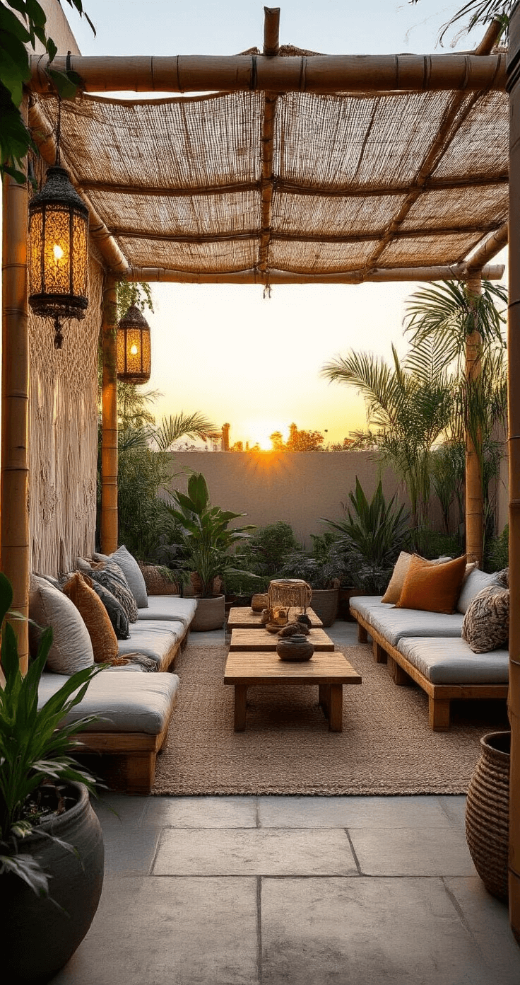A cozy Bohemian side yard patio at sunset, showcasing a mixed-material canopy of bamboo and macramé, with low seating made of floor cushions and wooden tables, framed by Moroccan lanterns and potted palms, highlighting the interplay of warm backlight on layered textiles and organic elements.