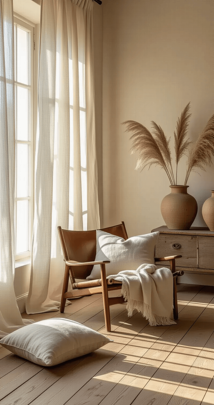 A cozy living room bathed in warm golden hour light, featuring wide-plank oak floors, a vintage leather armchair draped with a linen throw, and asymmetrical earth-toned ceramic vases on a weathered wooden console. Sheer linen curtains softly filter sunlight, while scattered cotton cushions in muted tones complement the subtle wall textures and dried pampas grass casting gentle shadows.