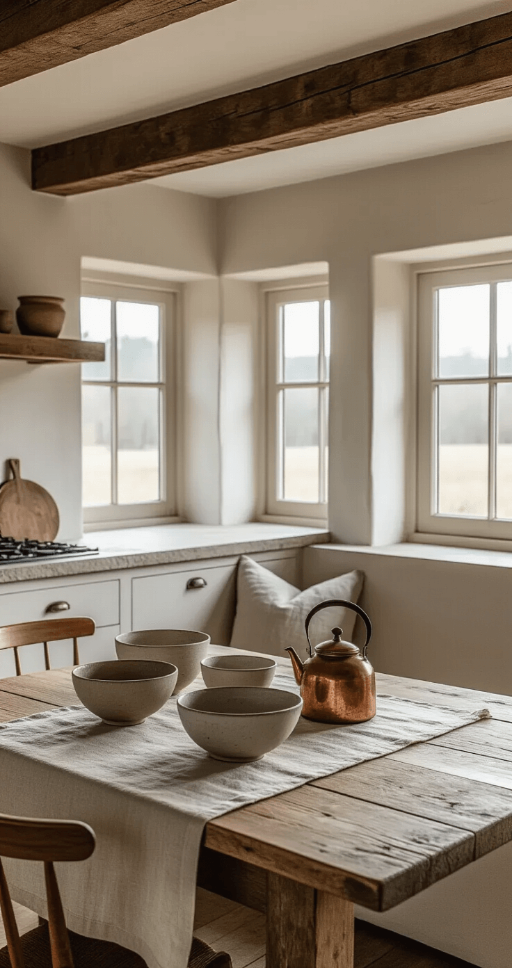 Intimate kitchen nook bathed in soft morning light, featuring a rustic wooden table with natural knots, hand-thrown ceramic bowls, a crumpled linen tablecloth, exposed wooden ceiling beams, a stone countertop with subtle chips, and a patina-coated copper kettle, all in warm whites and aged wood tones, evoking a mood of quiet contemplation.