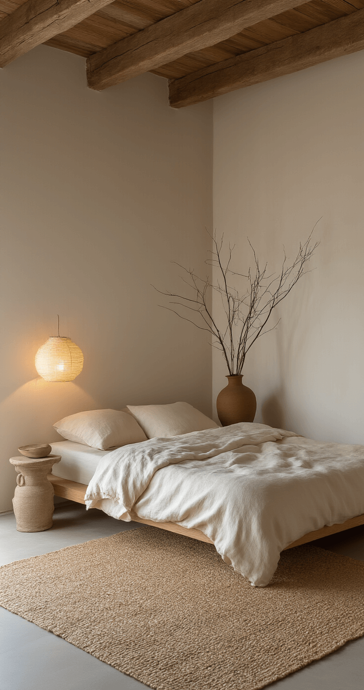 Minimalist bedroom interior at dusk featuring a low-profile wooden platform bed with raw silk bedding, a handwoven jute rug, and a ceramic table lamp casting a warm glow on a textured wall. Dried branches in an earthenware vase add an asymmetrical design element, complemented by exposed wooden ceiling beams. The color palette includes cream, wheat, and warm grey, with natural shadows enhancing depth.