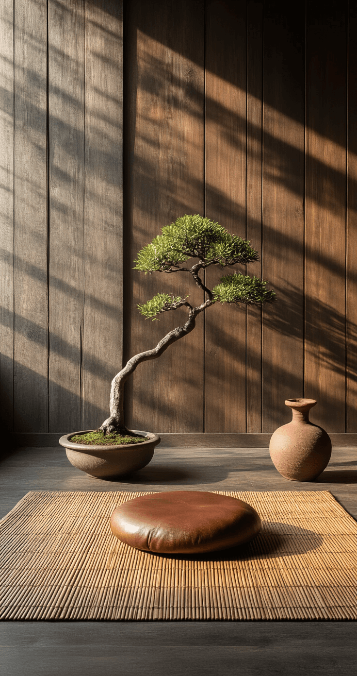A serene meditation corner featuring a bamboo mat, worn leather cushion, and a clay incense holder, set against a weathered wooden wall. A bonsai casts delicate shadows in the soft morning light, surrounded by deep browns, stone grey, and forest green tones, with hints of incense smoke.