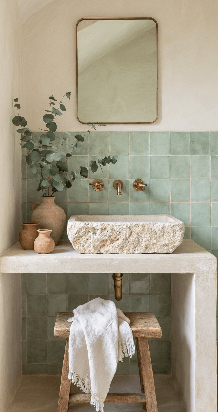 A serene bathroom sanctuary featuring a stone sink with natural irregularities and aged brass fixtures exhibiting a verdigris patina. The space showcases handmade tiles with variations in color and texture, an aged wooden stool supporting ceramic vessels, and linen towels with raw edges draped asymmetrically. A bunch of dried eucalyptus casts organic shadows, bathed in soft light from a skylight, with colors of limestone white, sage green, and aged brass.