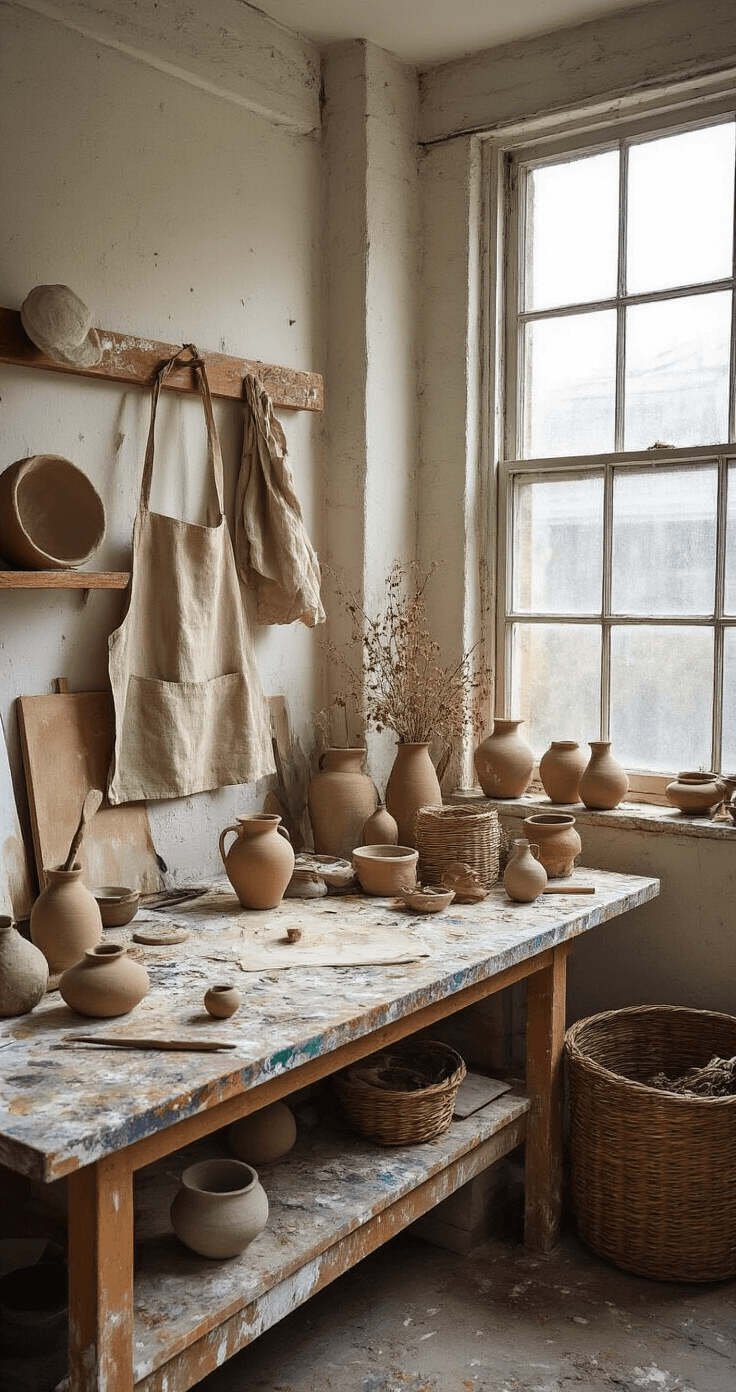 A cozy artist's studio corner featuring a paint-splattered wooden workbench, hand-thrown pottery pieces, scattered clay tools, and a linen apron hanging asymmetrically. A woven basket filled with dried botanicals adds to the earthy atmosphere, illuminated by soft northern light filtering through factory windows.