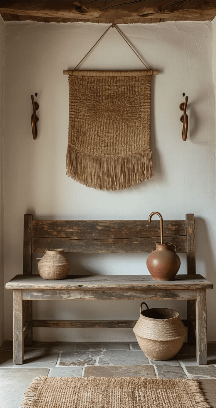 A cozy entryway vignette featuring a weathered wooden bench with repair marks, a handwoven wall hanging with unique irregularities, and a stone floor showing natural wear patterns. A ceramic umbrella holder displays crazing marks, complemented by vintage copper hooks with natural patina. An uneven woven grass mat adds texture, all illuminated by soft ambient lighting with dramatic side highlights.