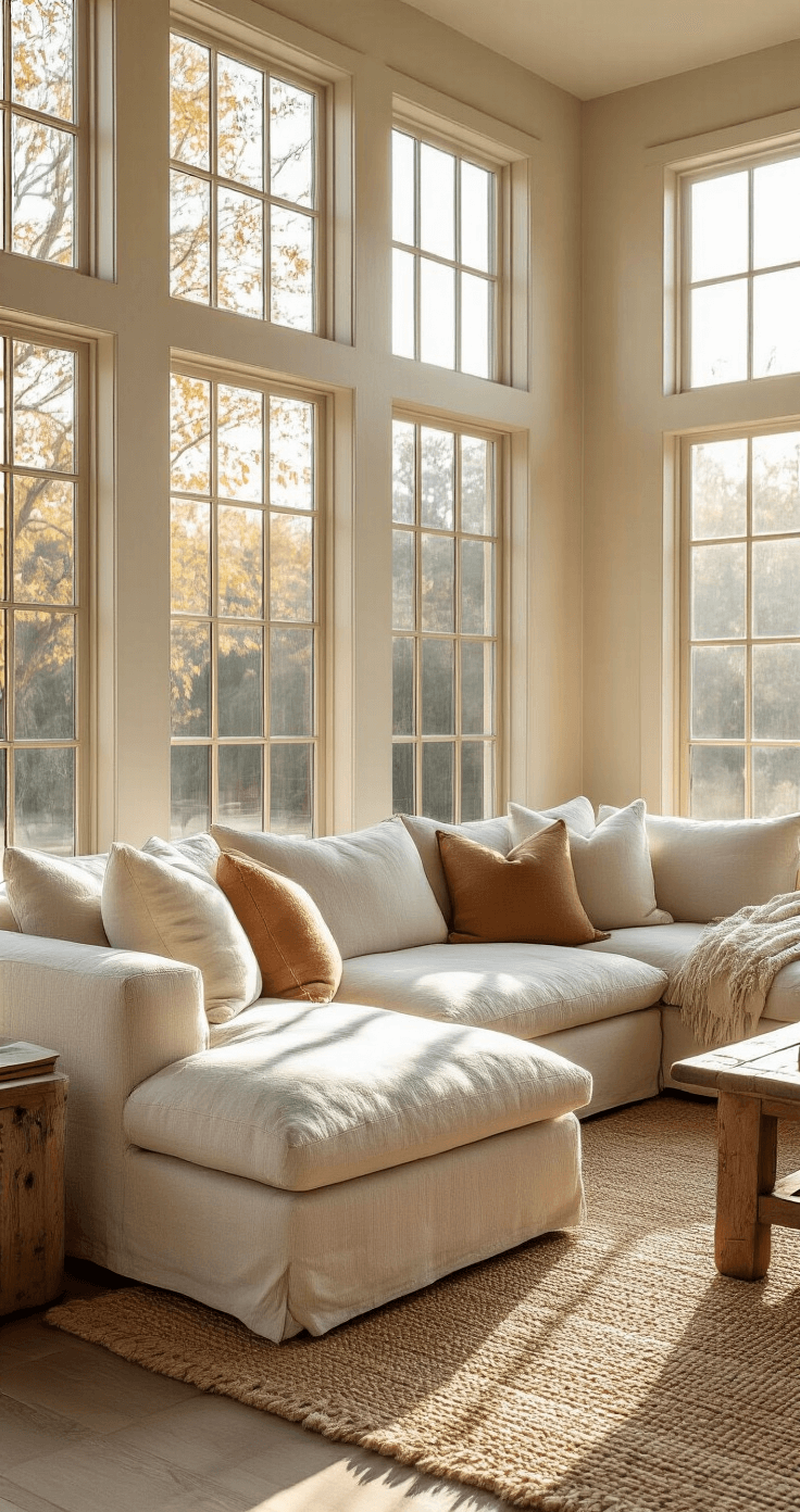 A sunlit living room featuring a slouchy oatmeal sectional with worn cushions, vintage oak side tables, and a handwoven jute rug, captured from a low angle to emphasize texture and warmth.