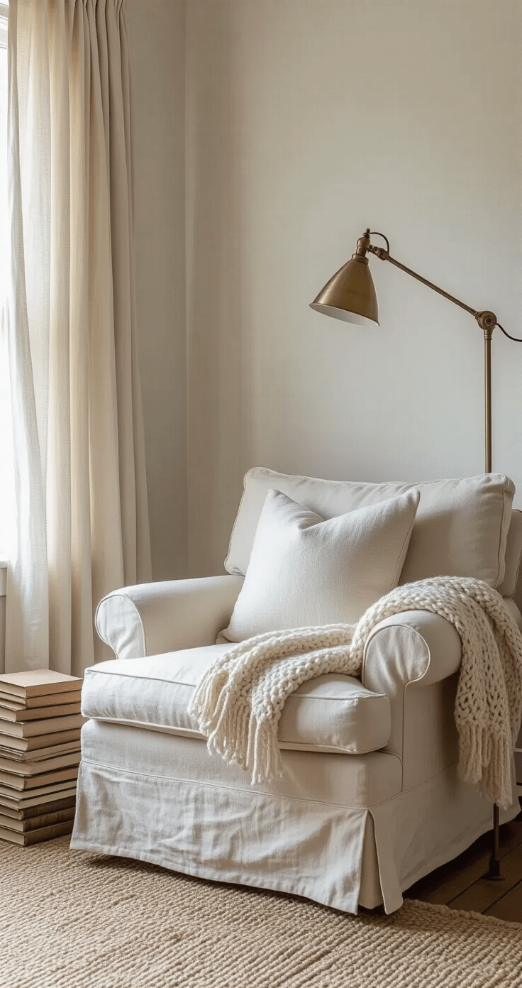 A cozy reading nook featuring a deep-seated natural cotton armchair with age marks, bathed in soft morning light filtering through sheer linen curtains. The chair is adorned with a handknit wool throw in undyed ivory, complemented by a weathered brass floor lamp and stacked vintage books, all captured at eye-level to highlight the chair's textures and details.