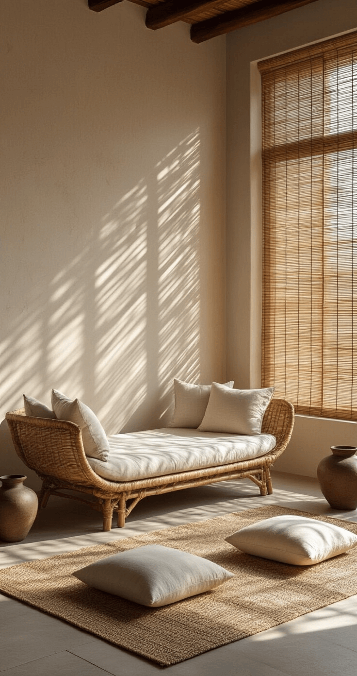 A minimalist meditation space featuring a low-profile rattan daybed surrounded by uneven natural weaving patterns, illuminated by morning light filtering through bamboo blinds. Raw silk cushions in different wear stages are placed against hand-plastered walls with intentional imperfections. Ceramic vessels with kintsugi repairs add character, captured in a wide-angle shot at f/5.6 from a slightly elevated position, highlighting texture and shadows.