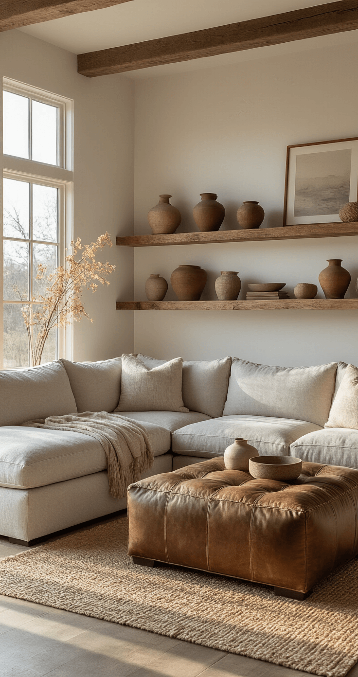 Cozy family room featuring a stone grey oversized linen sectional with comfort wrinkles, warm golden hour lighting, a distressed leather ottoman, handmade ceramic vessels, botanical elements, and raw edge wooden floating shelves, captured from a corner perspective with soft backlighting.