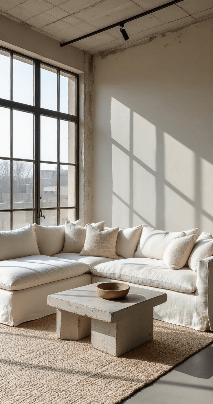 Contemporary living space with a modular white cotton canvas sofa, handwoven wool pillows, concrete side tables, and brass accents, illuminated by afternoon light creating geometric shadows through steel-framed windows.
