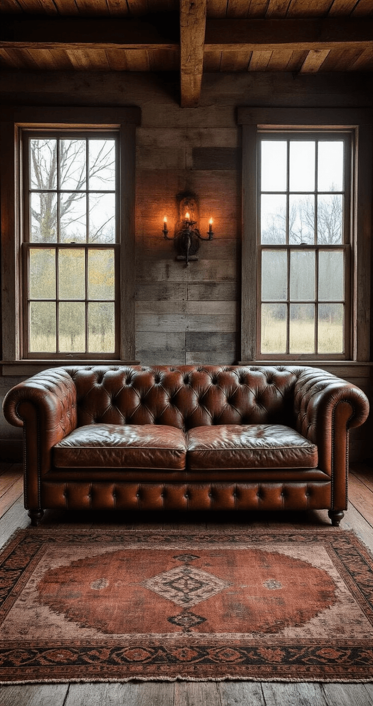 A cozy rustic sitting room featuring a vintage leather chesterfield, warmly lit by dusk through antique windowpanes, with naturally distressed wooden beams and hand-knotted rugs showcasing graceful wear, accented by oxidized copper accessories, captured from a low angle for a dramatic perspective.