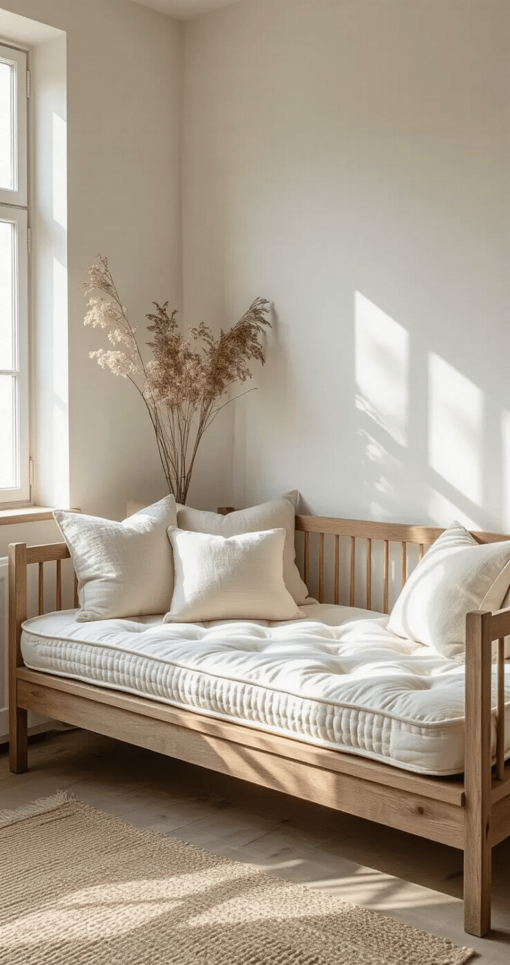 Serene bedroom corner with a handcrafted wooden daybed, cotton mattress displaying natural compression, and raw silk pillows against textured whitewashed walls, illuminated by soft morning light, featuring aged botanical arrangements.