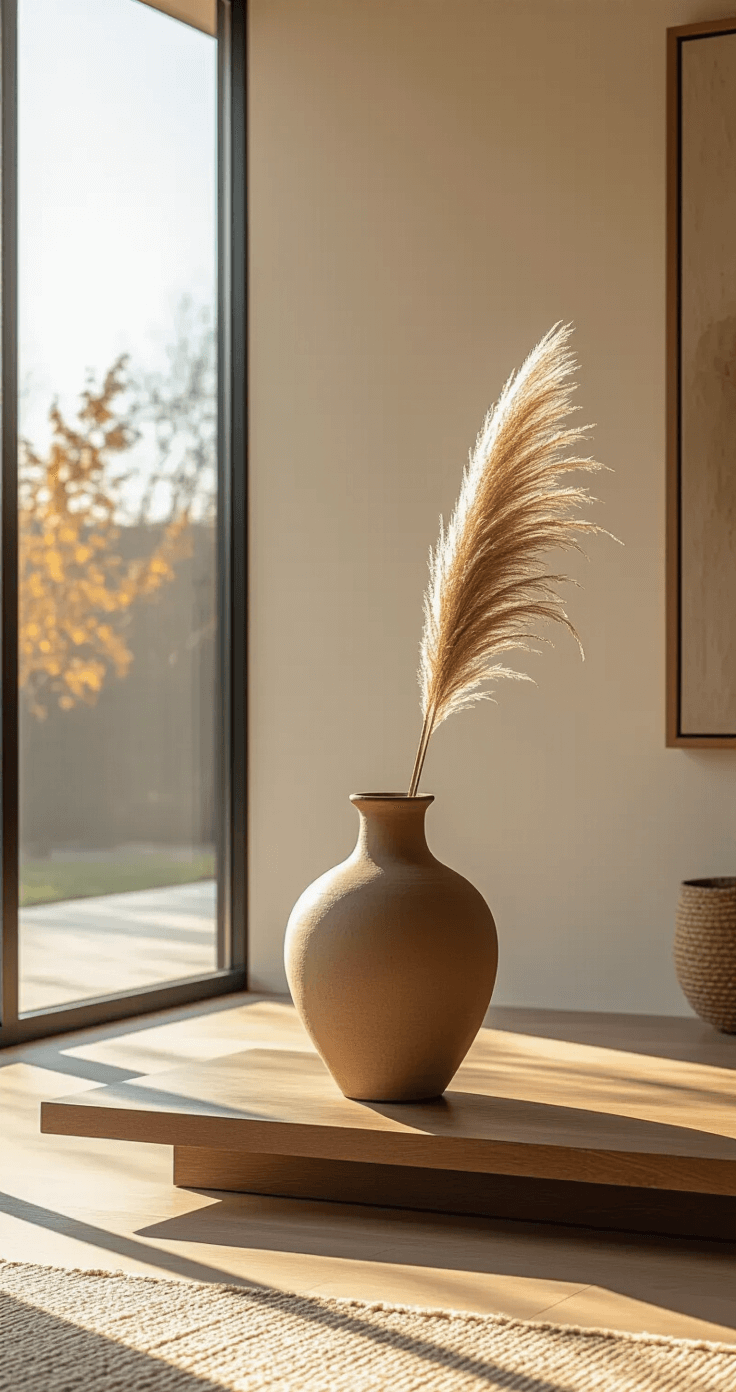 A minimalist living room at golden hour featuring pale oak floors, floor-to-ceiling windows, and a handcrafted wabi-sabi vase with a single dried pampas grass stem on a low-profile walnut console, emphasizing rich earth tones and natural materials.