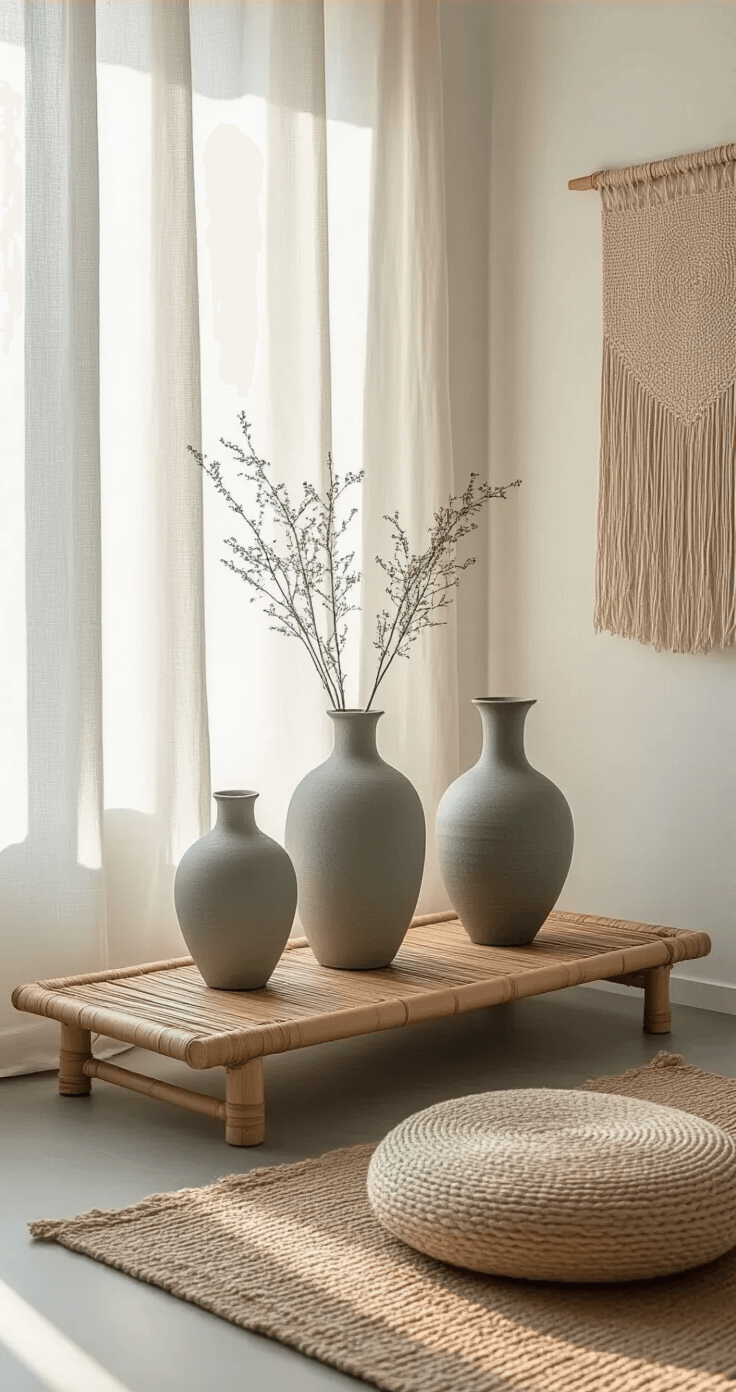 An intimate meditation corner featuring three wabi-sabi vases of varying heights on a bamboo platform, surrounded by a natural jute cushion and a hand-woven wool wall hanging, illuminated by soft morning light filtering through sheer curtains.