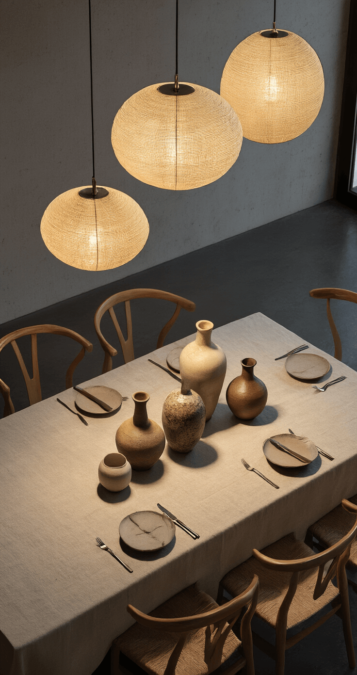 Aerial view of a modern dining space at dusk, showcasing a natural linen tablecloth adorned with five wabi-sabi vases of varying textures, including rough stoneware and smooth porcelain. Pendant lighting creates deep shadows, enhancing the vases' imperfections, with a color palette of rich browns, creams, and charcoal grey.