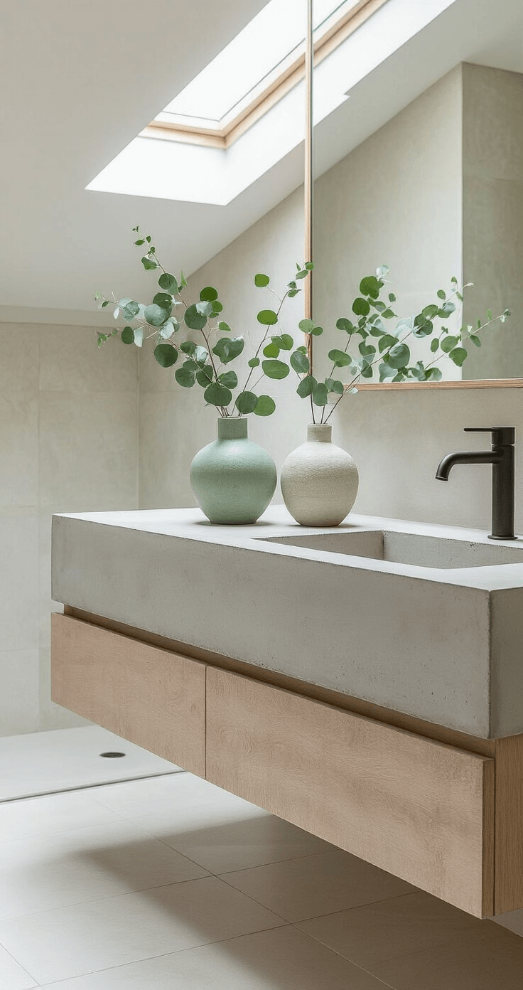 Bright bathroom with a floating concrete vanity, illuminated by mid-morning skylight, featuring a trio of petite wabi-sabi vases in pale celadon and sand tones, showcasing fresh eucalyptus stems. Wide-angle view captures the entire vanity scene with mirror reflections, emphasizing a clean, spa-like atmosphere with organic shapes contrasting geometric elements.