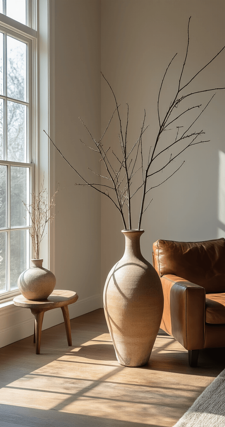 Spacious open-concept living area with afternoon light, featuring a tall wabi-sabi vase in the corner near a modern leather armchair, highlighting its asymmetrical form and natural clay texture, captured from a corner angle.