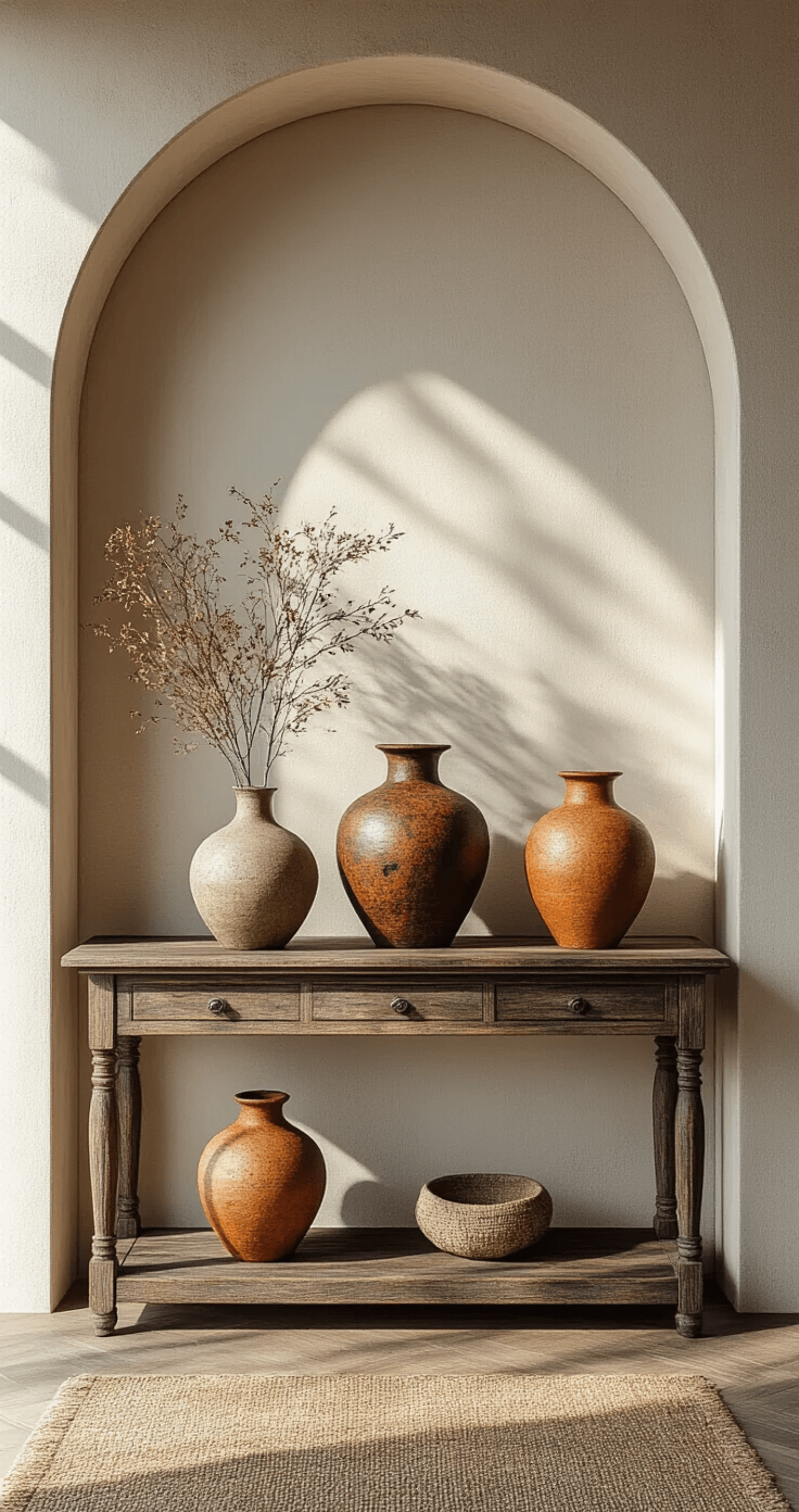 Cozy entryway featuring an architectural archway, a vintage console table with three varying earth-toned wabi-sabi vases, and dramatic late afternoon light casting shadows.