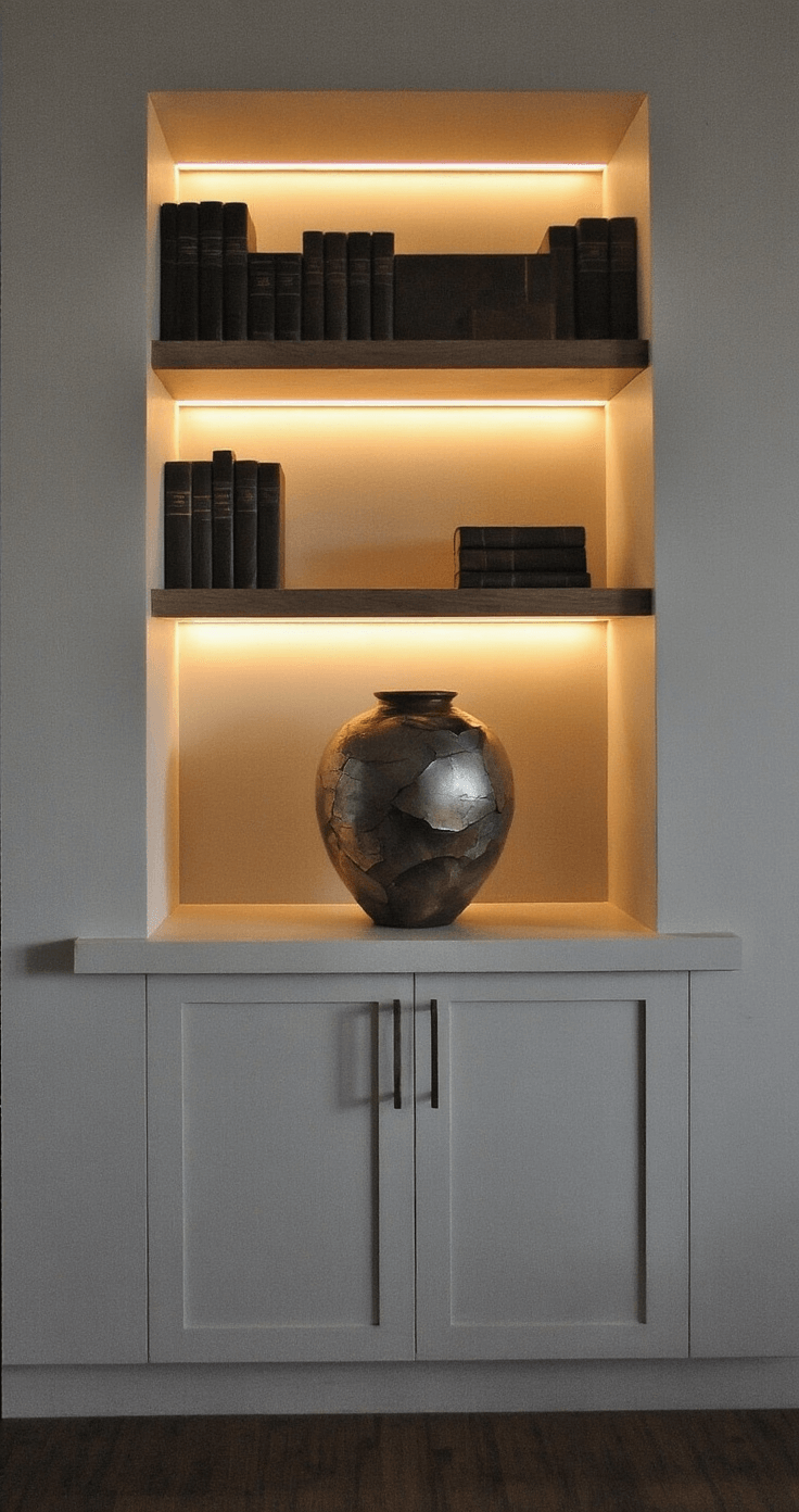 A contemporary home office with built-in shelving, featuring a striking 18-inch wabi-sabi vase on a floating shelf, showcasing dramatic torn clay texture and metallic oxide glaze, set in a moody evening ambiance with targeted accent lighting, shot from below to highlight its monumental presence.