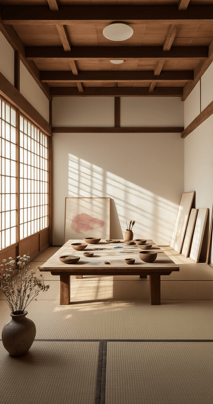 A serene interior of a minimalist Japanese art studio with wooden beams, soft morning light filtering through rice paper screens, and a low work table adorned with natural pigments and handmade brushes, surrounded by unfinished paintings and dried flowers. Shot from a low angle, the intimate workspace features a muted color palette.