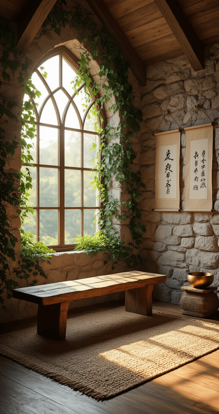 A serene meditation corner in a 12x15 foot room, featuring a weathered wooden bench on a hemp rug, illuminated by golden hour light through an arched window, with climbing ivy on a rough stone wall and handmade scrolls hanging artfully. A brass singing bowl rests on an aged cedar stand, captured in a wide-angle shot that emphasizes height and earthy tones, with deep shadows and rim lighting enhancing textures.