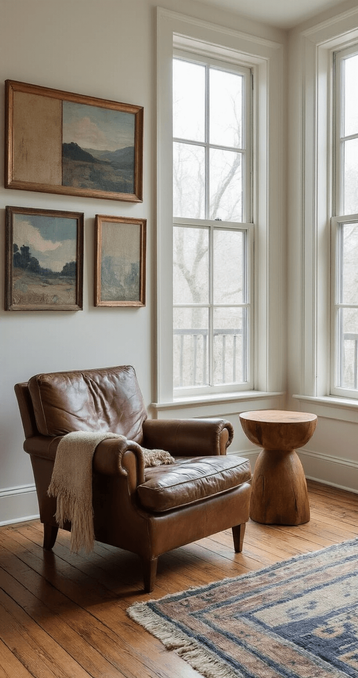 A cozy artist's living room featuring original hardwood floors, a vintage leather armchair, and a walnut side table, illuminated by soft overcast light from floor-to-ceiling windows. The gallery wall displays wabi-sabi paintings in mismatched frames, accompanied by handwoven textile throws showcasing visible mending, all in warm neutral tones with touches of indigo.