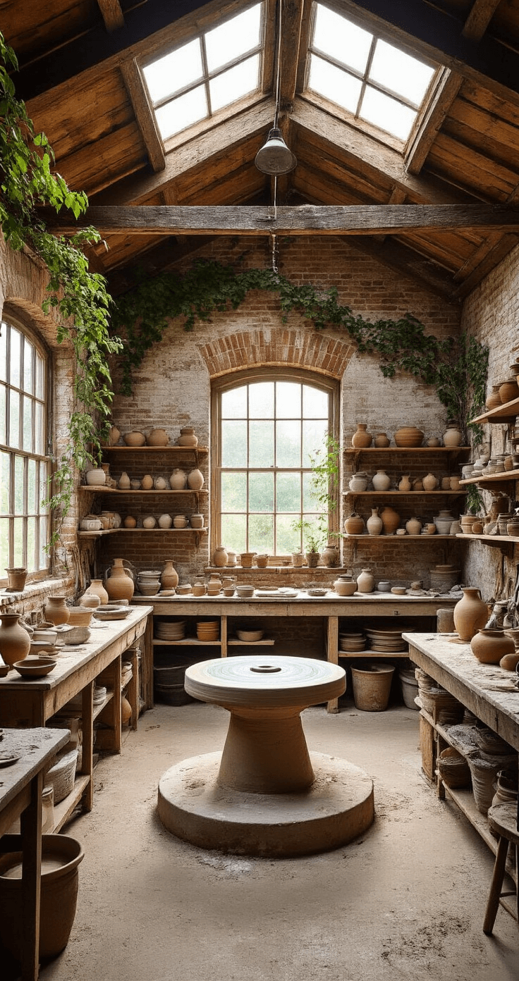 A rustic pottery studio in a converted barn features a central throwing wheel surrounded by shelves of imperfect ceramic pieces, clay-splattered work surfaces, and worn wooden tools. Morning light filters through dusty clerestory windows, highlighting the exposed brick walls adorned with climbing vines, all in a terracotta, slate blue, and cream color palette.