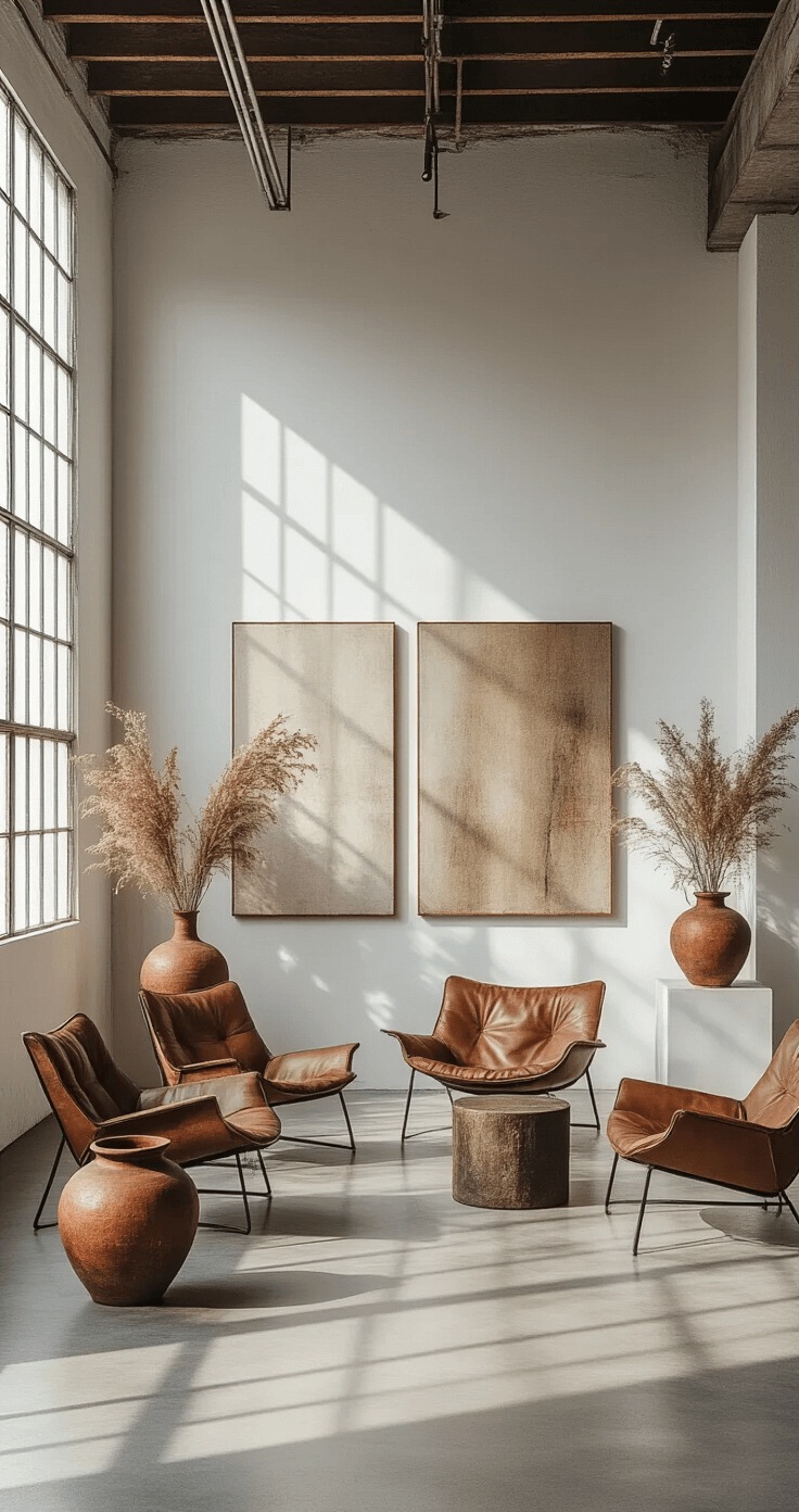 A spacious modern loft gallery with polished concrete floors, featuring massive wabi-sabi inspired paintings on white walls, imperfect ceramics on raw steel pedestals, and vintage leather Barcelona chairs. Sunlight streams through industrial windows, casting dramatic shadows, while dried botanical installations in weathered copper vessels add subtle earth tone accents. The image captures the architectural layout and spatial relationships within the 25x40 feet space.