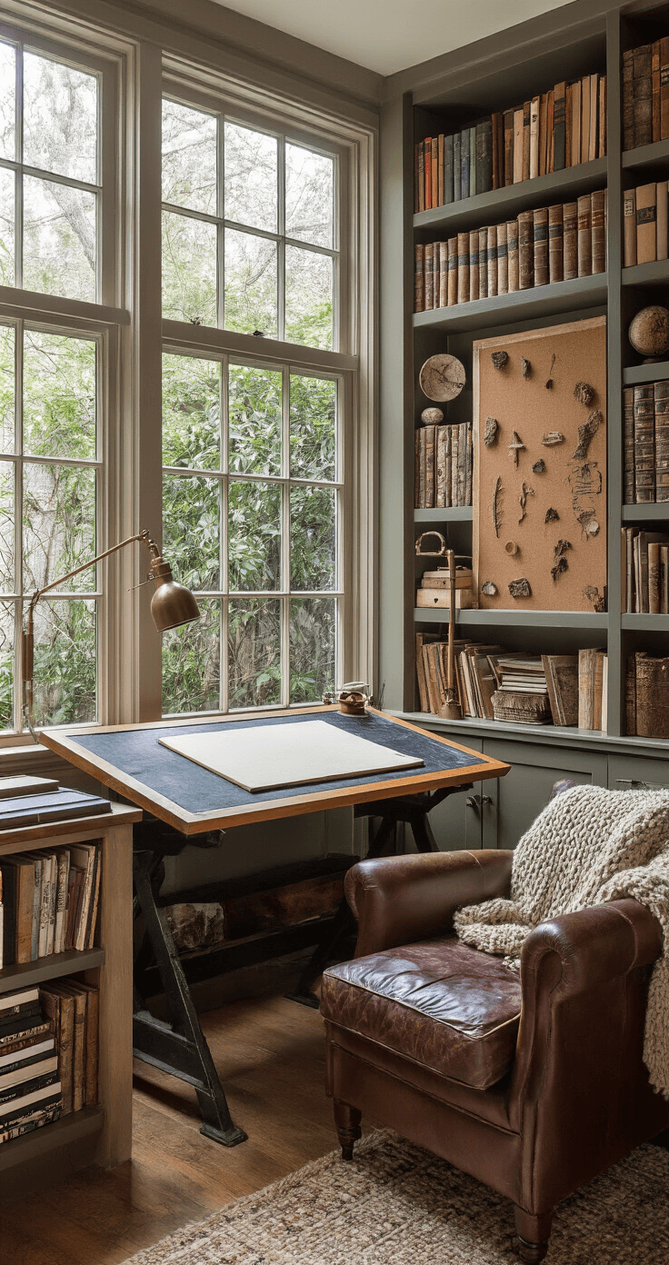 Cozy personal art library with built-in shelving, dusk light filtering through garden windows, featuring a floor-to-ceiling bookshelf filled with art books and natural specimens, a vintage drafting table with ink stains, inspiration boards, a worn leather reading chair with a handknit throw, and a moody atmosphere in deep browns and burgundies, accented with brass.