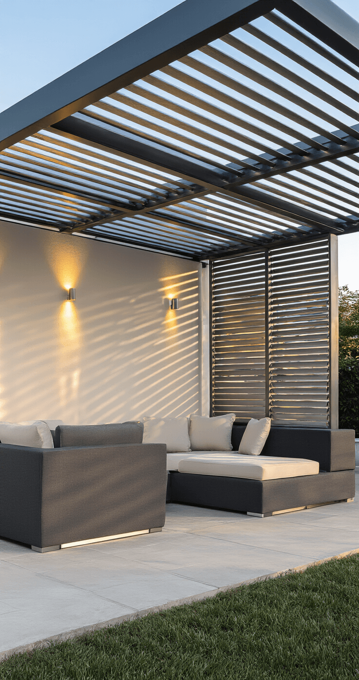 A modern patio at golden hour featuring a sleek louvered cover system with metallic silver motorized slats casting shadows over a charcoal grey mid-century modern sectional sofa with cream cushions, set against a smooth stucco wall, illuminated by integrated LED lighting.