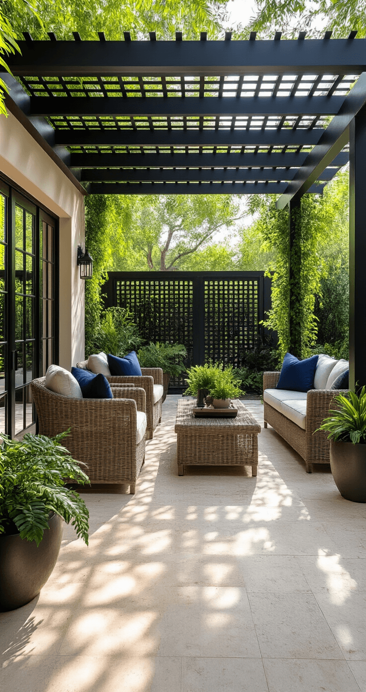 A spacious covered patio with a matte black aluminum pergola, light travertine flooring, potted palms, and climbing jasmine, featuring modern taupe wicker furniture with navy cushions, illuminated by early morning light.