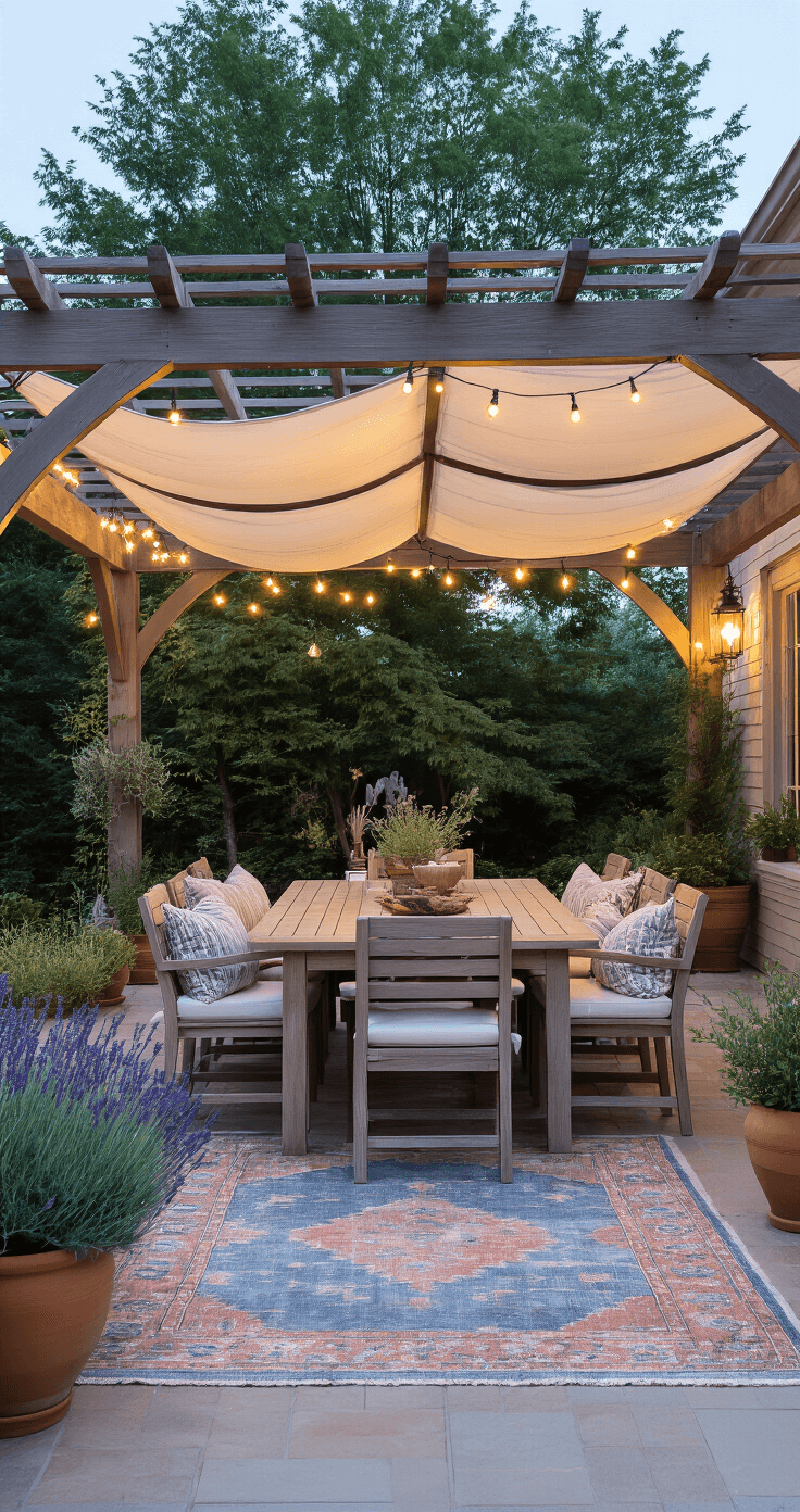Mediterranean-inspired patio at dusk featuring a wooden pergola with a retractable ivory canopy, string lights above, a weathered teak dining set, terracotta pots with lavender and rosemary, and a vintage-style outdoor rug in faded blues and rust tones.