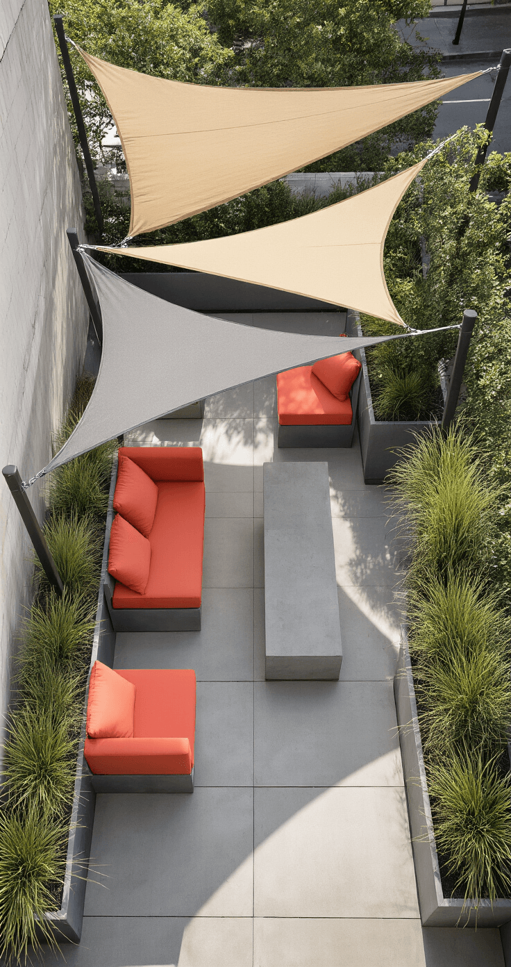 Aerial view of a contemporary urban patio featuring overlapping triangular shade sails in sand and slate grey, with striking geometric shadows. Minimalist concrete furniture adorned with bright coral cushions contrasts against the neutral tones, while steel planters with architectural grasses frame the space.