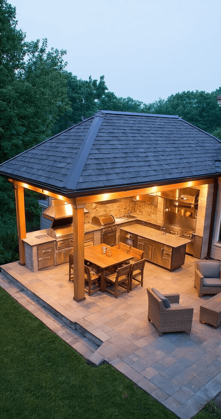 Professional-grade covered entertainment patio with dark bronze roof, magic hour lighting, outdoor kitchen with stainless steel appliances and quartz countertops, elevated dining area with teak furniture and copper accents, captured from a corner viewpoint.