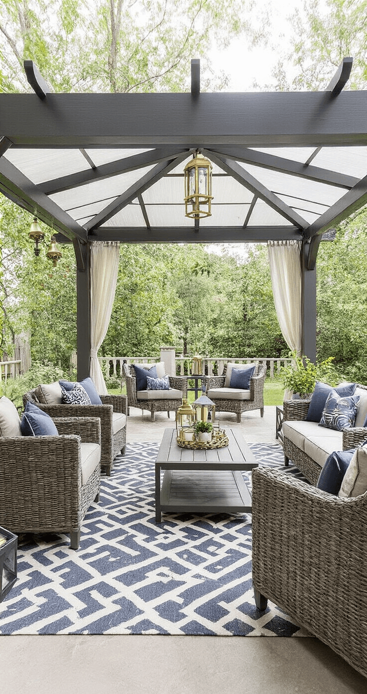 A spacious transitional patio featuring a graphite Sojag Mykonos aluminum gazebo with polycarbonate roof panels. The outdoor living area includes chic greige and slate blue performance fabric furniture, complemented by a geometric rug and brass lanterns, all illuminated by natural morning light. The view is from the entrance, showcasing the inviting layout.