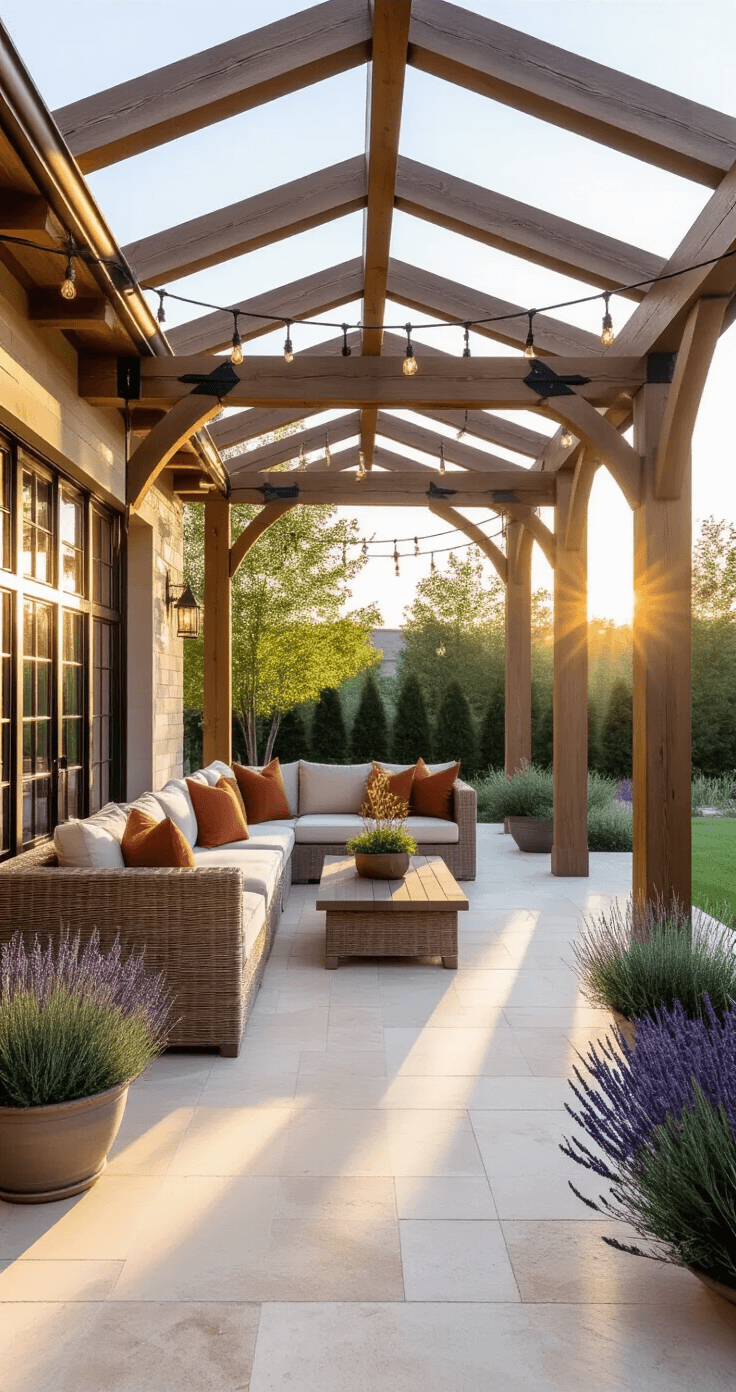 Wide-angle shot of a sunlit patio with a cathedral-style cedar cover, featuring weathered beams casting shadows on limestone flooring, a cream outdoor sectional, potted lavender and rosemary, and glowing Edison lights, all captured at golden hour.