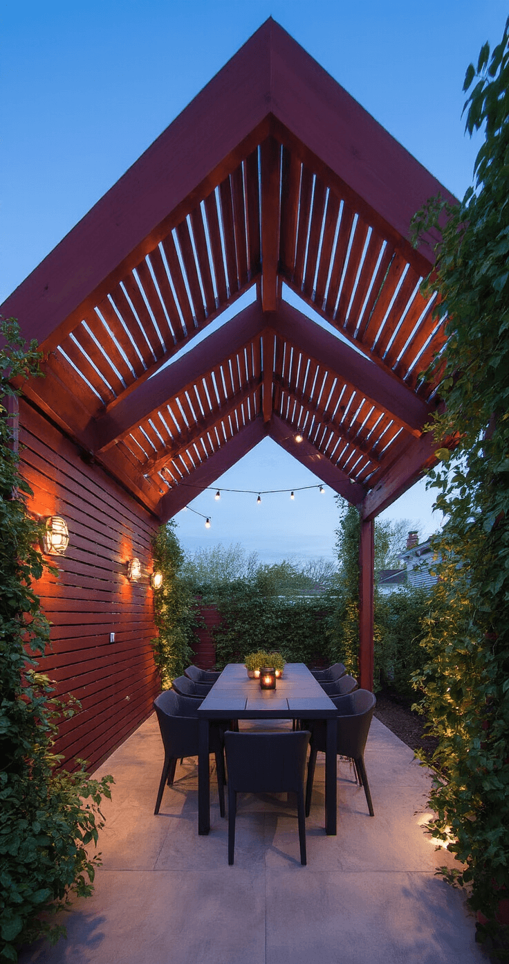 Low-angle view of an intimate 10'x16' patio at dusk, featuring a redwood slatted roof, warm copper-toned wall sconces, a modern charcoal dining set, and white market lights overhead, framed by climbing jasmine on copper trellises, creating a moody atmosphere.
