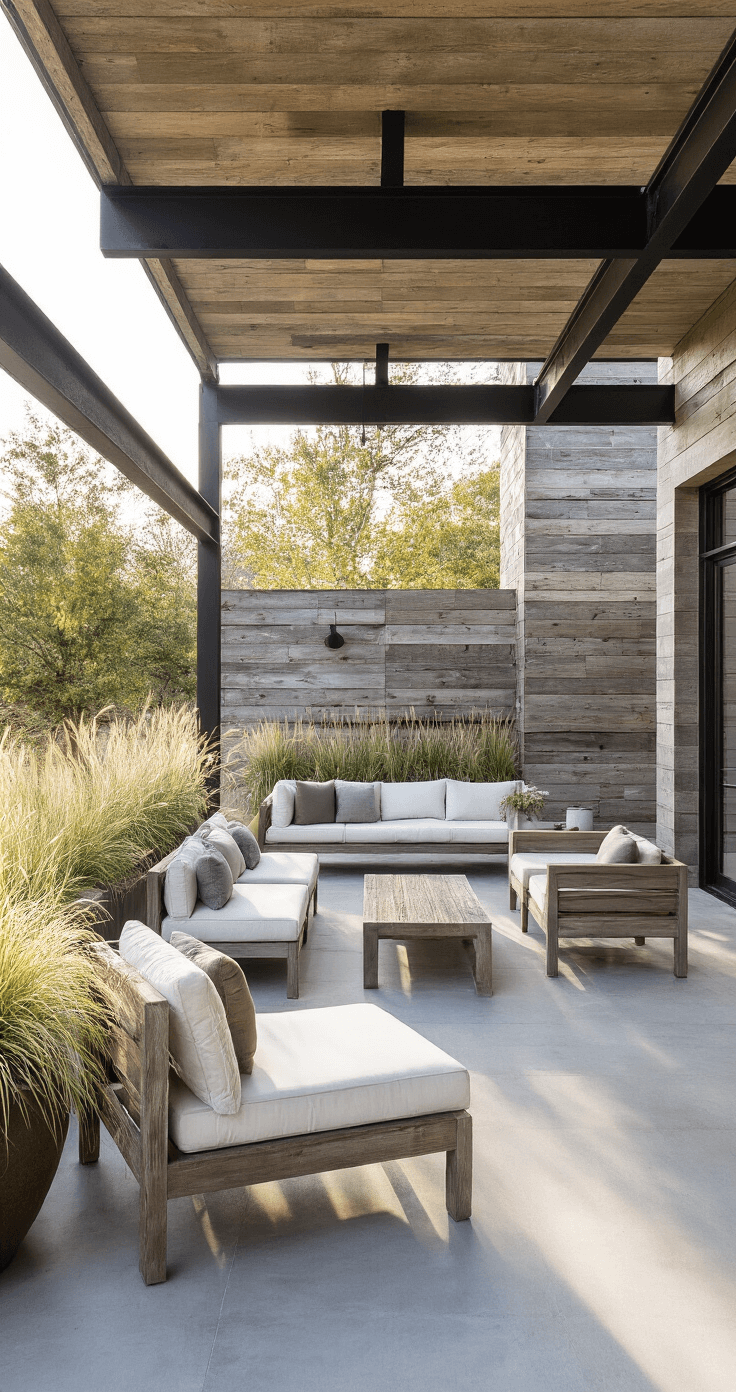 Eye-level view of a 12'x18' covered patio showcasing weathered gray cedar beams and black steel supports, with morning light illuminating the space. The contemporary concrete floor contrasts with a reclaimed barn wood accent wall, featuring minimalist teak furniture and crisp white cushions. Large ceramic planters with ornamental grasses add organic movement to the design.