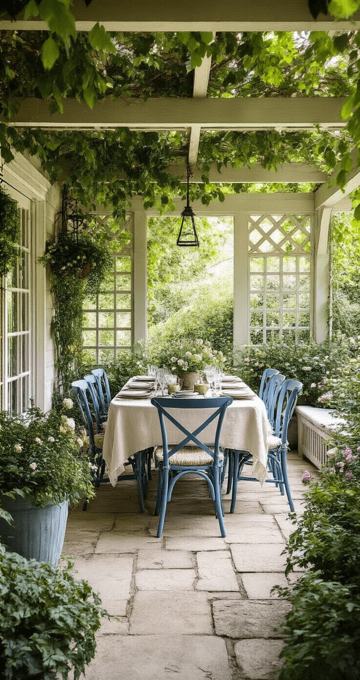 Wide shot of a whitewashed pine structure in a cottage garden, featuring a French dining setup with blue chairs and a linen tablecloth, surrounded by greenery and flowering planters, under soft afternoon light.