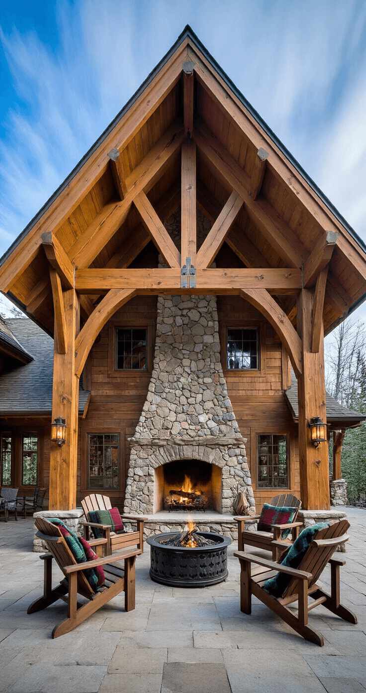 Dynamic diagonal shot of a massive timber frame mountain lodge with a peaked roof, showcasing heavy Douglas fir beams and a stone fireplace, surrounded by deep brown Adirondack chairs and accented with wool throws, framed by native evergreen landscaping.
