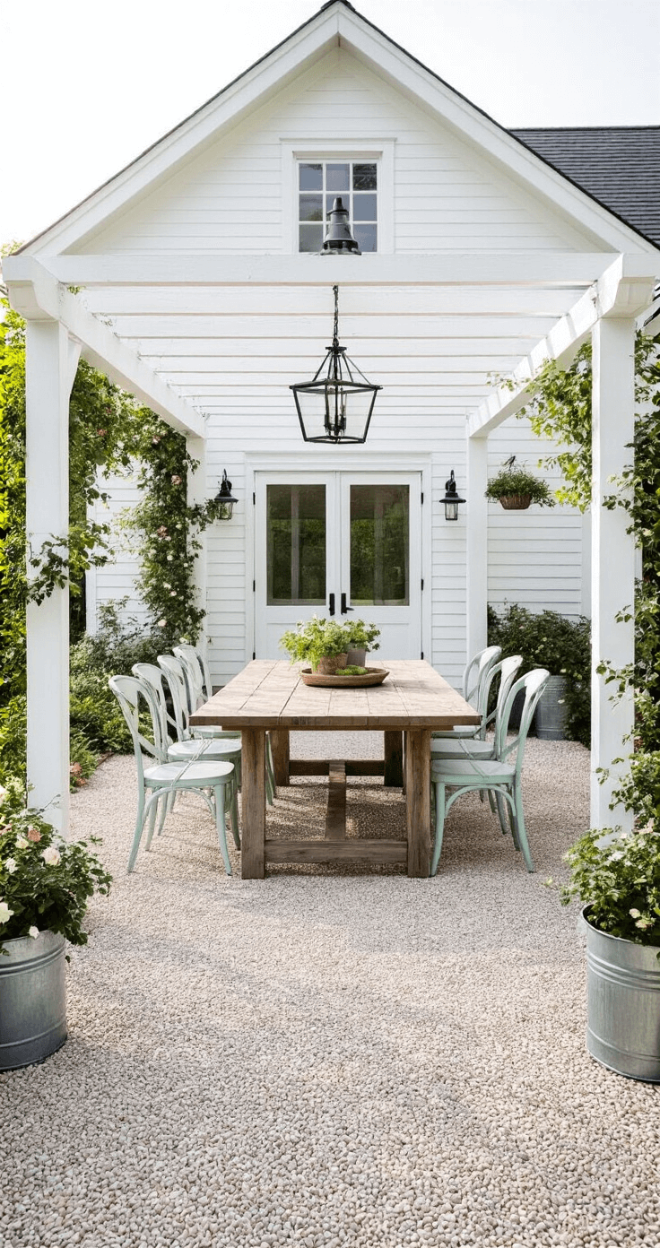 A whitewashed cedar pergola with black metal hardware stands in front of a classic white farmhouse, featuring an antique wooden harvest table and mixed vintage chairs in pastel tones beneath it. Climbing roses grow in galvanized metal planters, set on a gravel floor with a geometric pattern, all bathed in soft morning light.