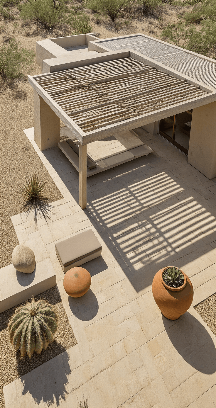 Bird's eye view of a contemporary desert shelter with a bleached cedar exterior, geometric shadows from a slatted roof on sandstone pavers, low-profile concrete benches with earth-toned cushions, and large ceramic pots with desert plants, all under harsh midday light softened by the roof design.