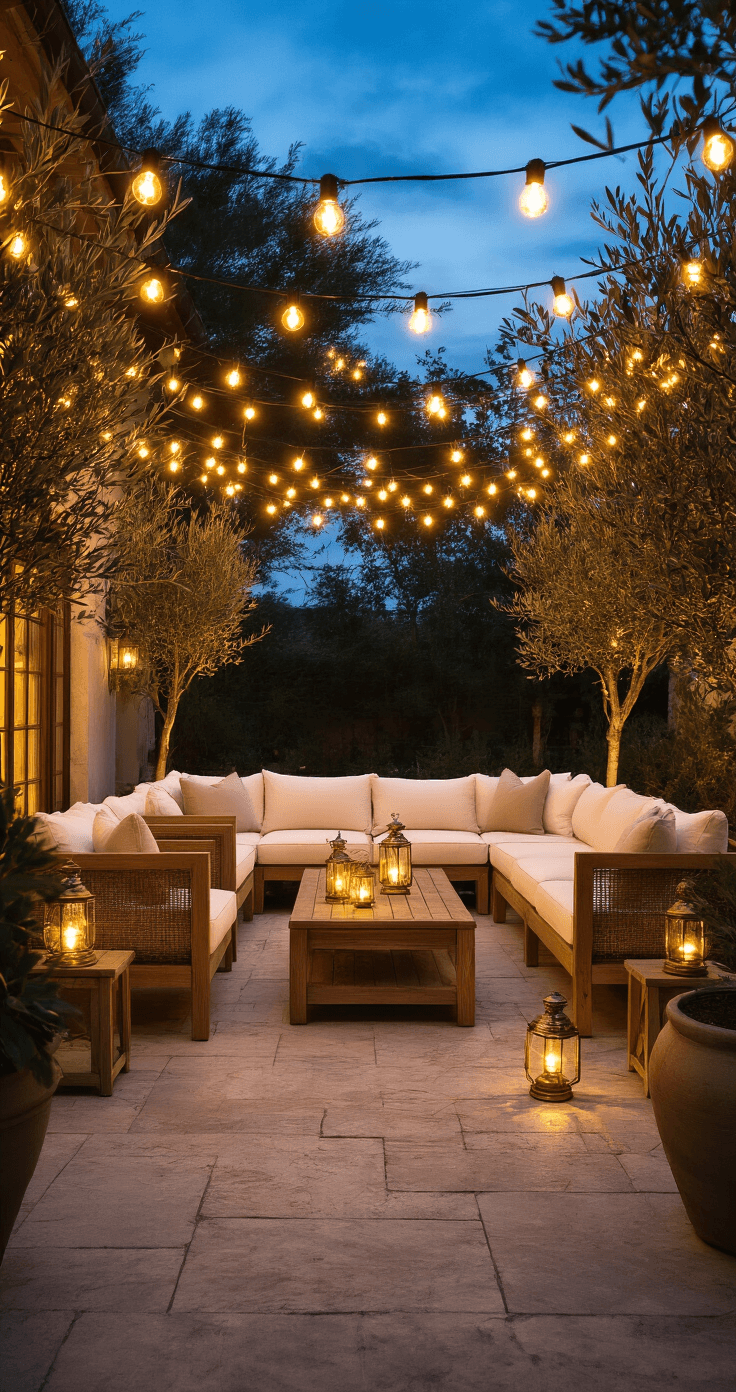 A spacious patio at dusk featuring vintage-style LED string lights, weathered teak furniture with ivory cushions, and glowing Edison bulbs, all surrounded by potted olive trees, captured with a dreamy bokeh effect.