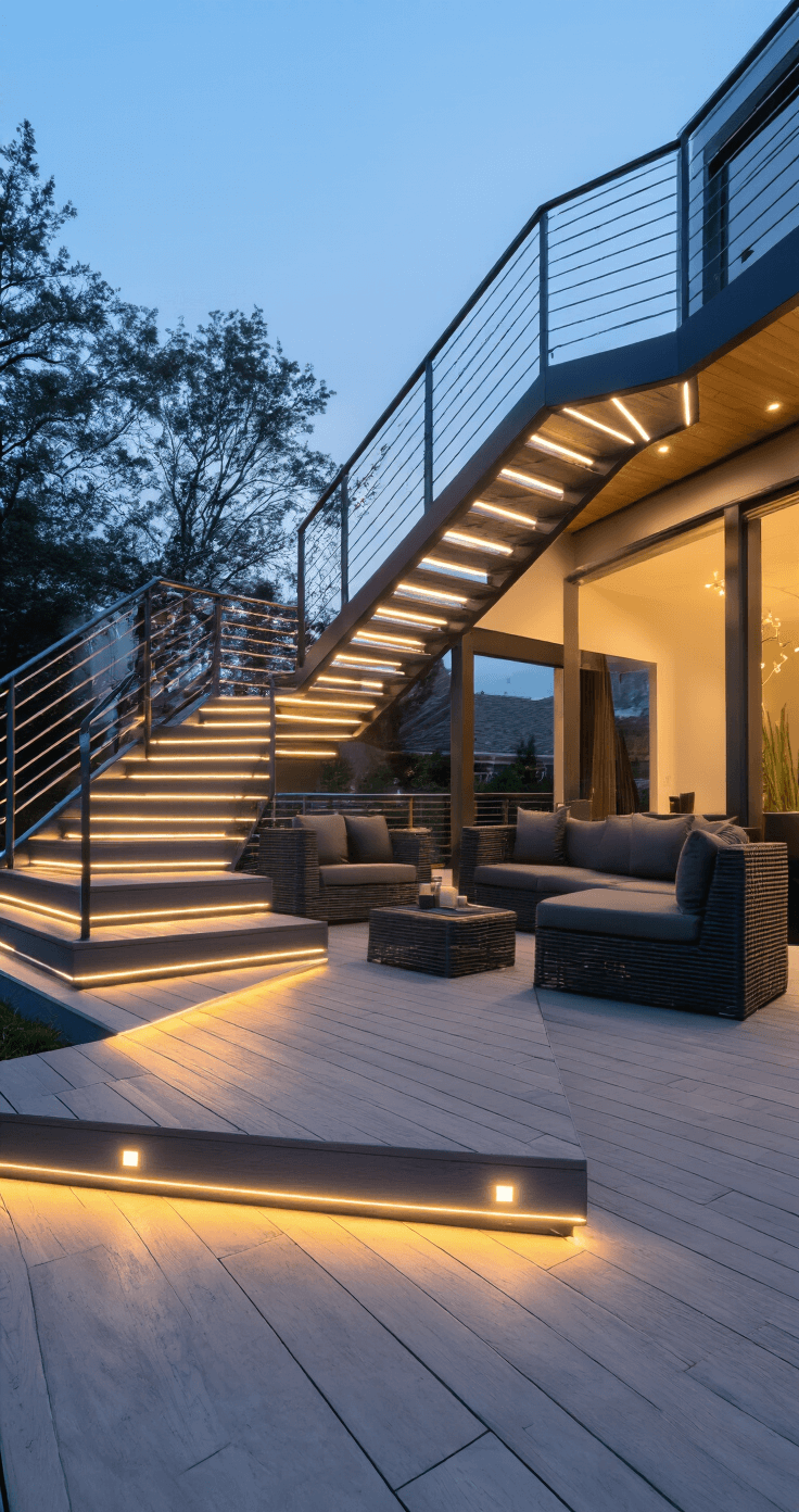 A modern 16x12ft deck at twilight, featuring illuminated stairs with recessed LED lights and sleek metal railings wrapped in warm white micro LEDs, complemented by matte black outdoor furniture with charcoal cushions.