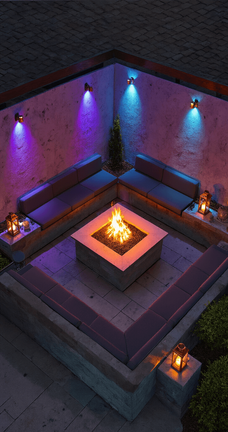 Overhead view of a 12x12ft nighttime courtyard patio featuring textured stucco walls illuminated in deep purple and teal by smart RGBW floodlights. A central fire pit casts warm orange light on charcoal gray modular lounge seating, while copper lanterns with flameless candles are placed on built-in benches.