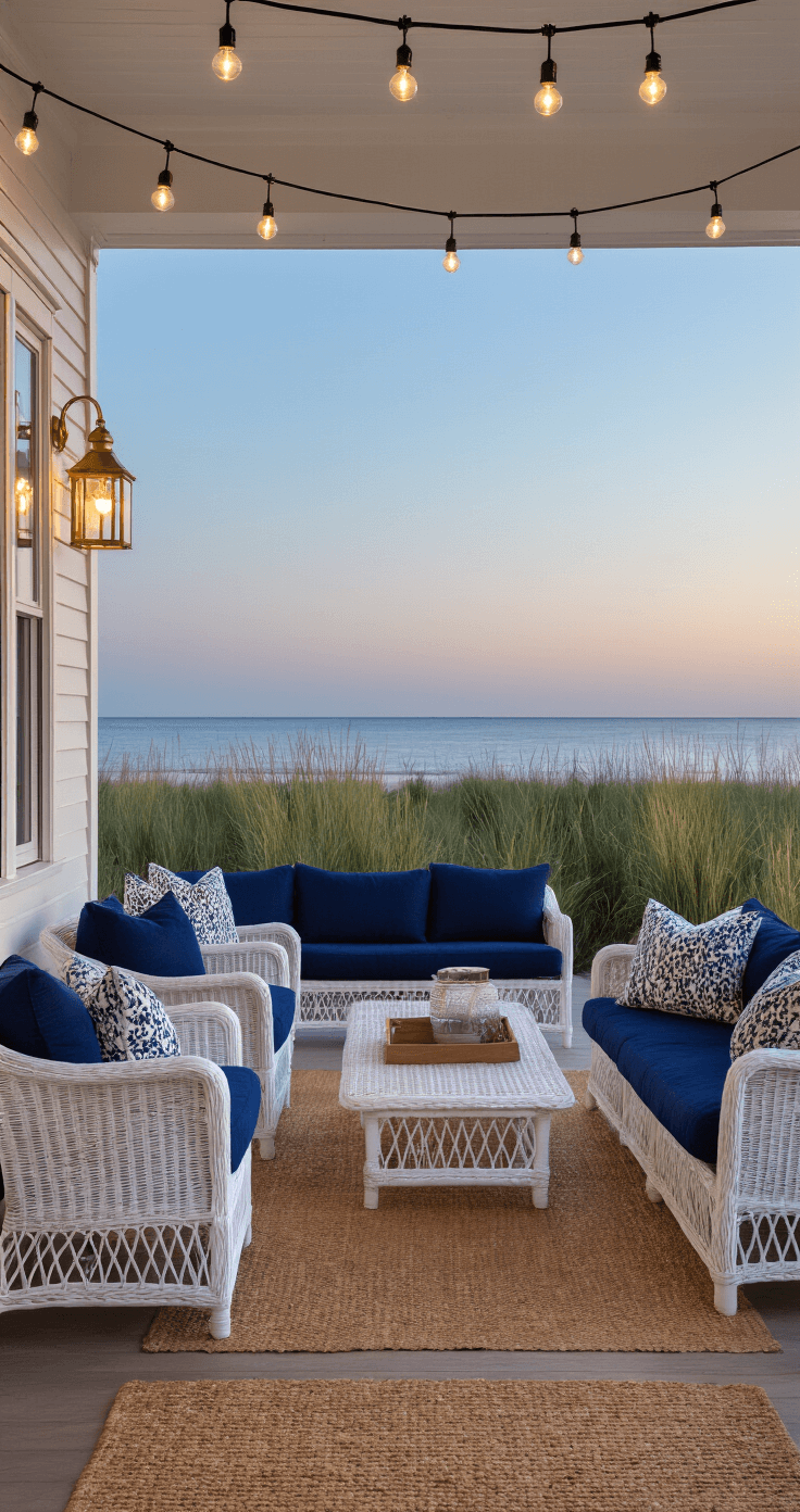 Coastal style covered patio featuring whitewashed wicker furniture with navy cushions, layered lighting from string lights and sconces, surrounded by native grasses and a sisal rug, captured at blue hour.