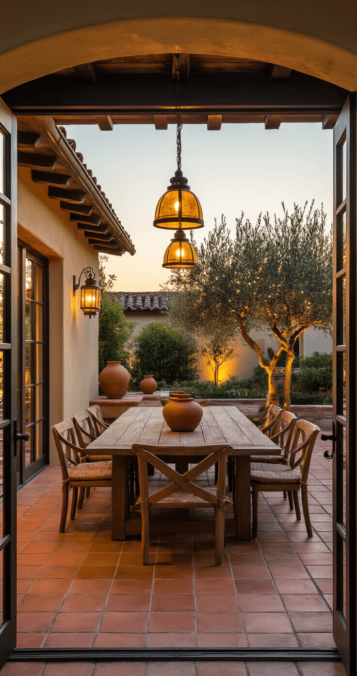 A sunset view of a Mediterranean-inspired open patio featuring terracotta tiles, wrought iron pendant lights, LED-wrapped olive trees, and a weathered wood dining table under a pergola draped with warm white lights, enhanced by earthenware pottery with uplighting, shot with a tilt-shift lens for selective focus.
