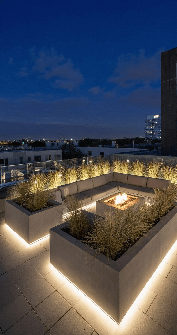A modern rooftop patio at night featuring LED strip lighting along concrete planters filled with ornamental grasses, a light gray sectional sofa surrounding a smokeless fire bowl, and glass wind barriers with integrated lighting, all captured with HDR processing.